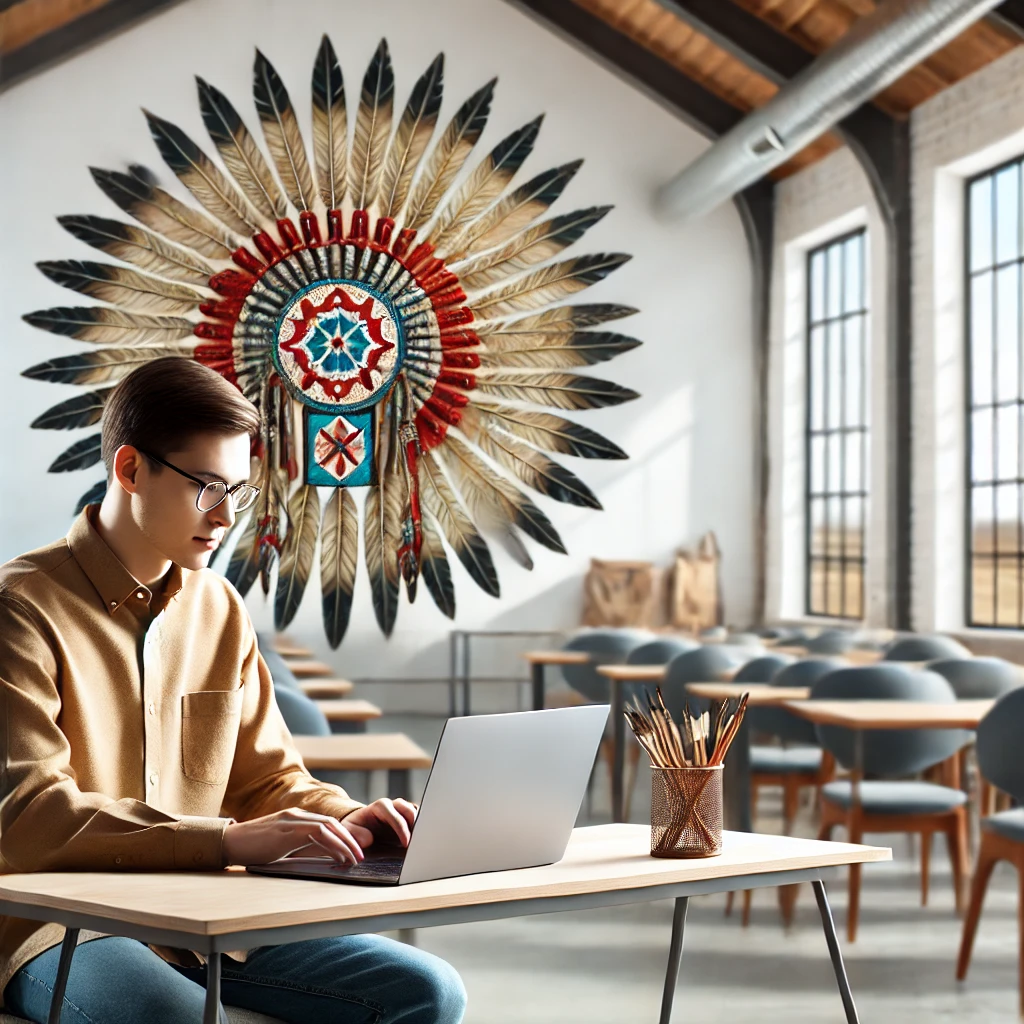 Native American student using a laptop in a culturally decorated training room.