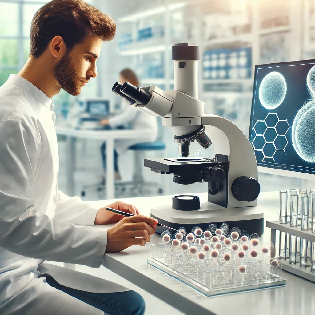 "Embryologist analyzing embryos in a fertility lab."