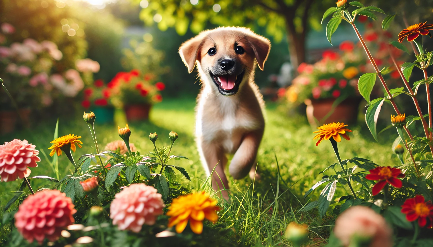 Brought home a dog who was adopted frequently playing in a garden showing how happy it was in a new environment.