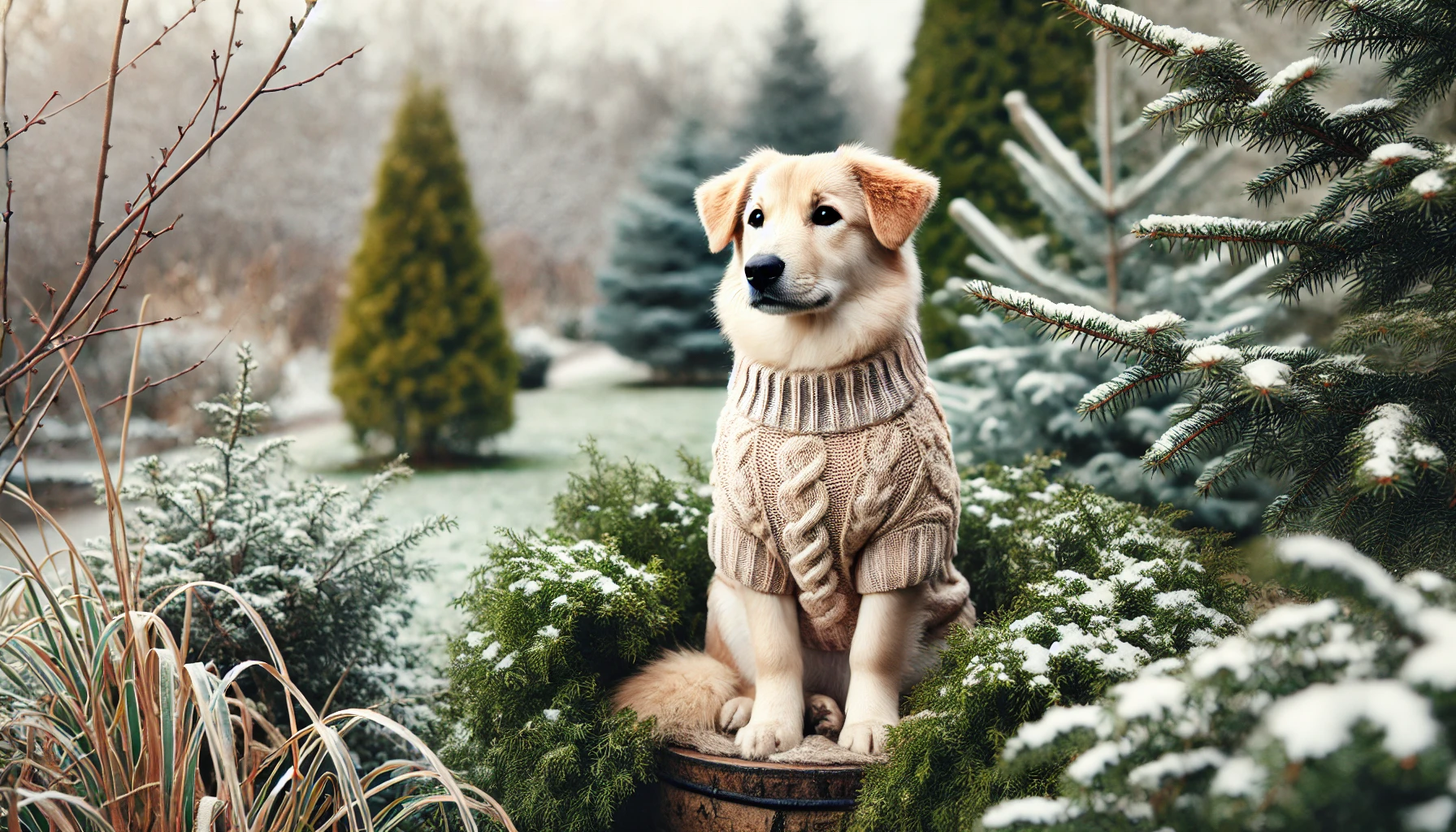 A dog in a winter garden wearing a beige cable knit sweater.