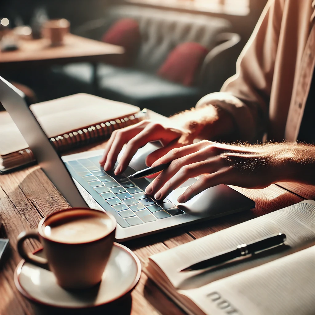 A newspaper journalist types their casual story on a computer at their comfortable desk.