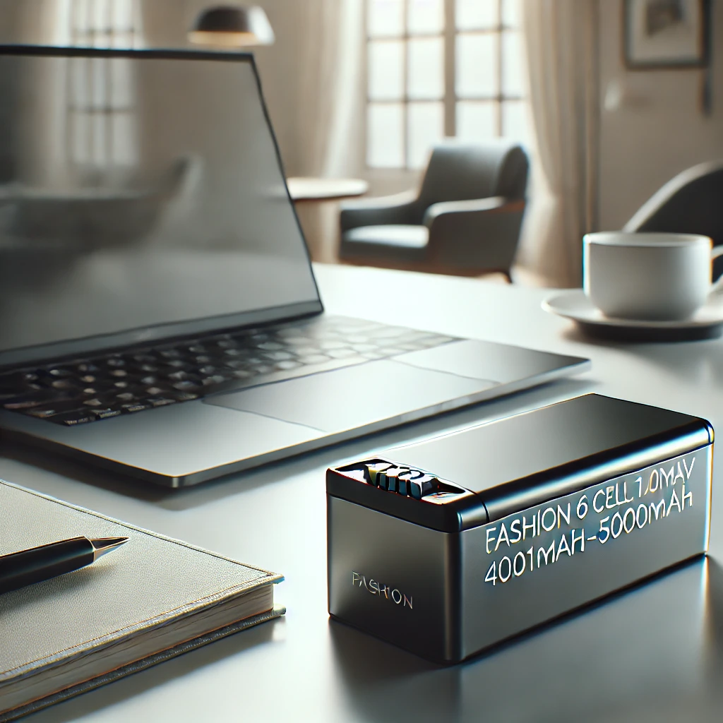 The Fashion 6 Cell 10.8V 4001mAh-5000mAh battery is shown in a desk in combination with a laptop and a charger.