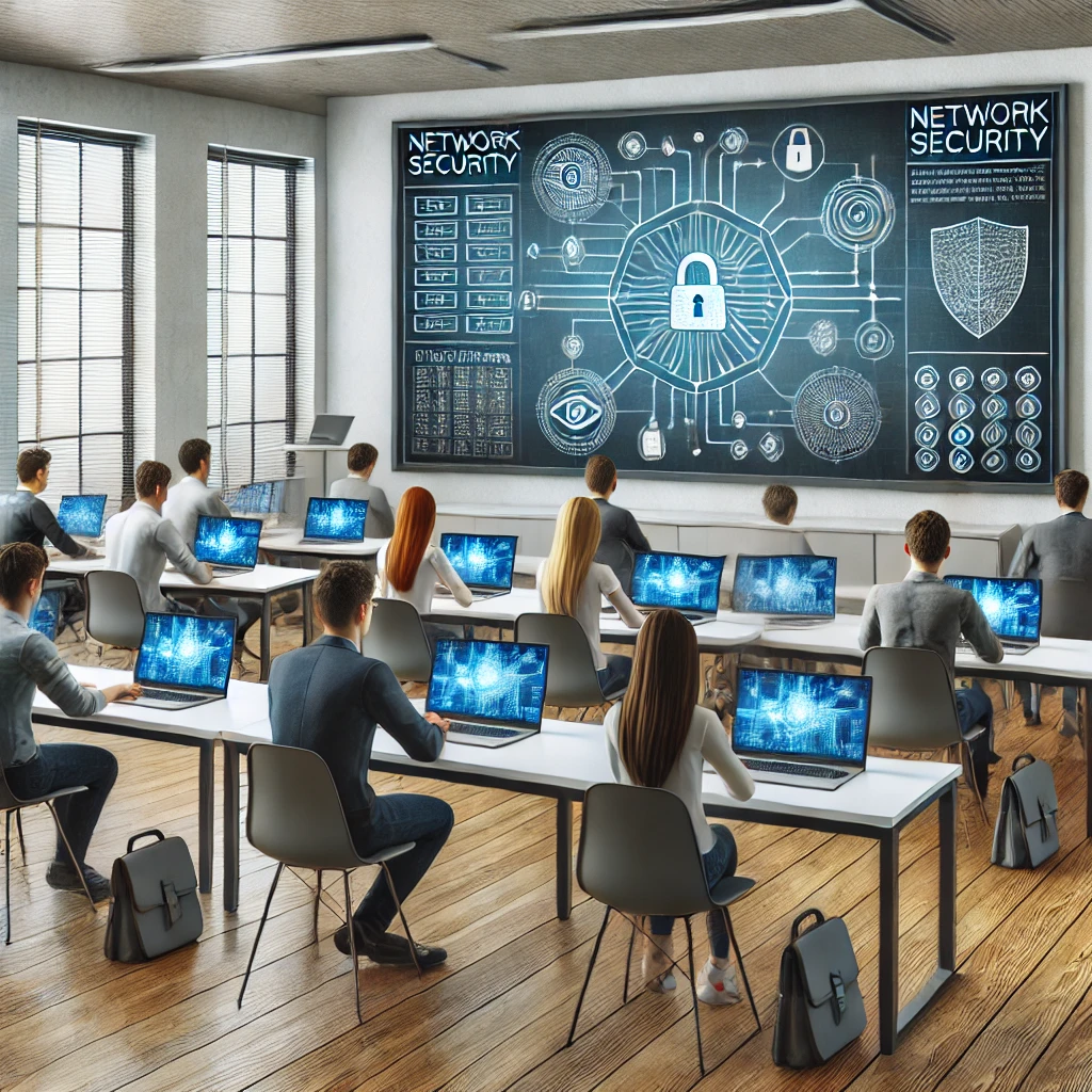 A classroom where students are in a computer class learning about cybersecurity as well as protection on the network.